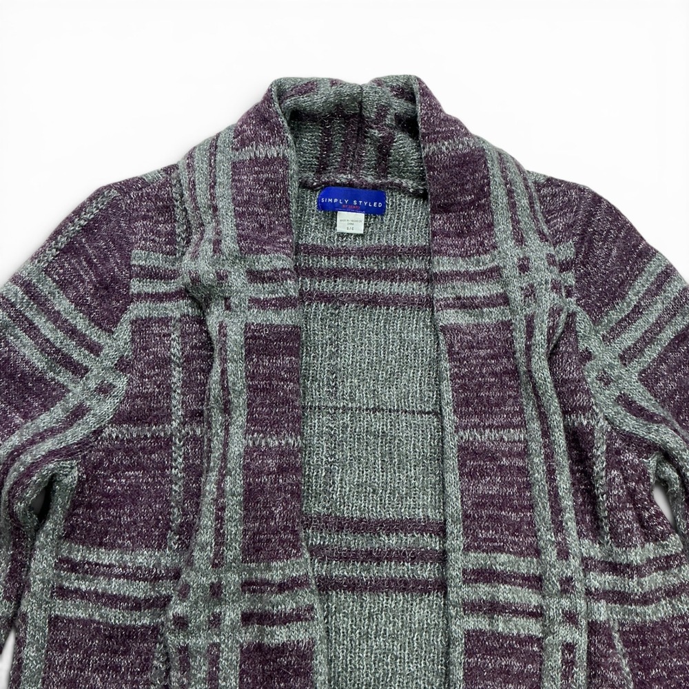 Simply Styled Purple Plaid Cardigan Women Small Metallic Open Front Knit Sweater - Picture 14 of 16